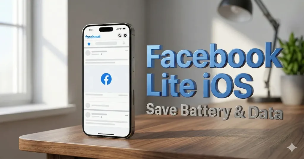 Facebook Lite iOS Download (2025) 2 iPhone standing on a desk displaying Facebook Lite iOS download interface and battery saving features