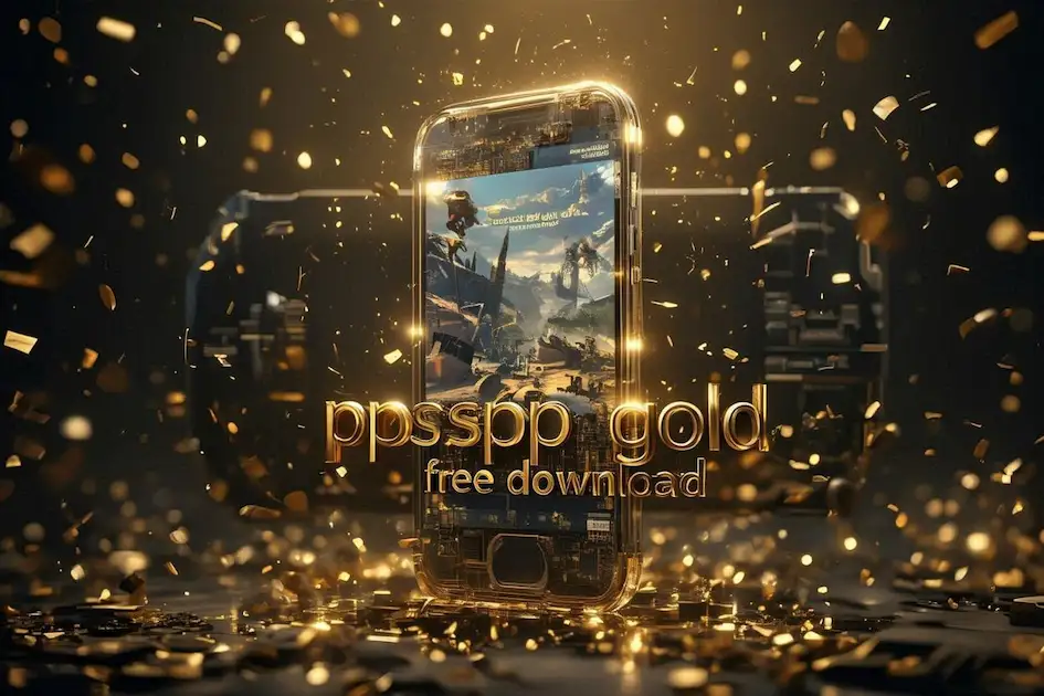 A futuristic smartphone displaying God of War game with PPSSPP Gold free download text and golden effects.