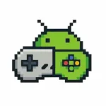 Pixel art Android robot holding a game controller, symbolizing retro gaming emulators on Android apps.
