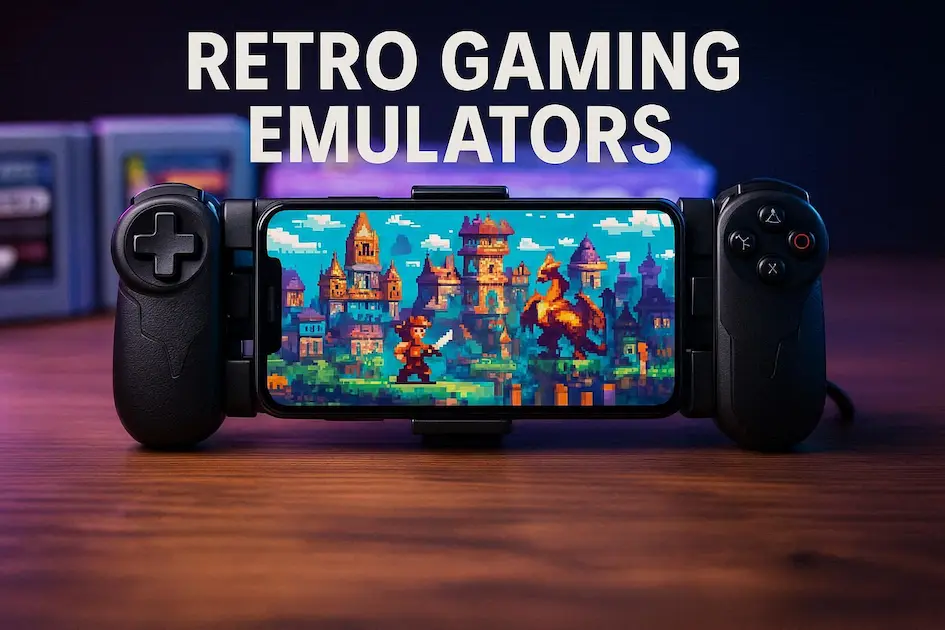 Landscape smartphone with a telescopic controller running a game, illustrating retro gaming emulators on Android.