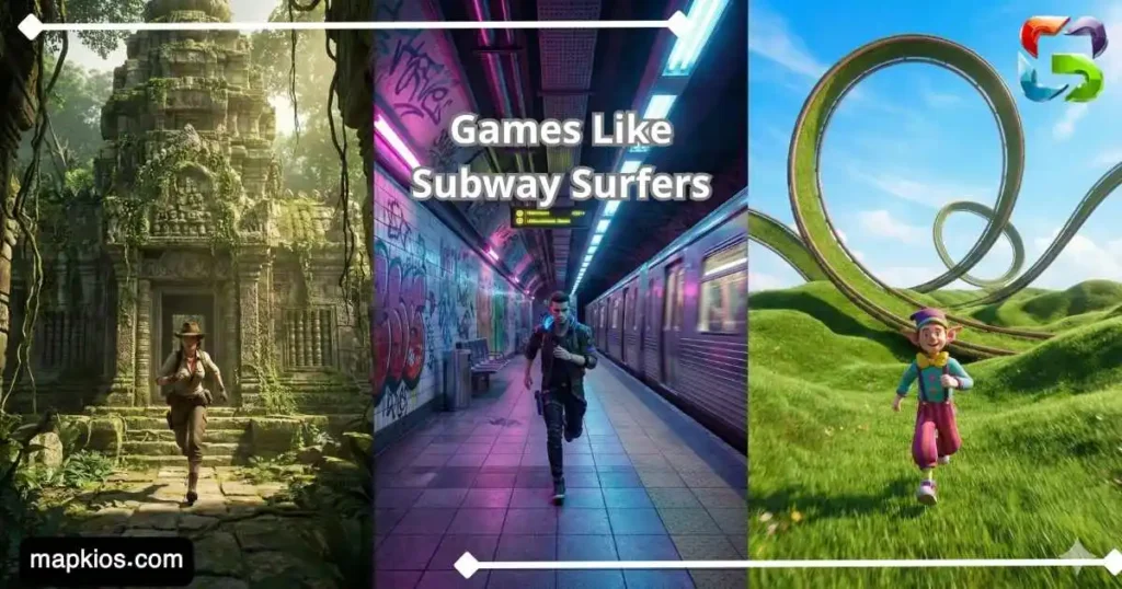 A collage of different endless runner games like subway surfers.
